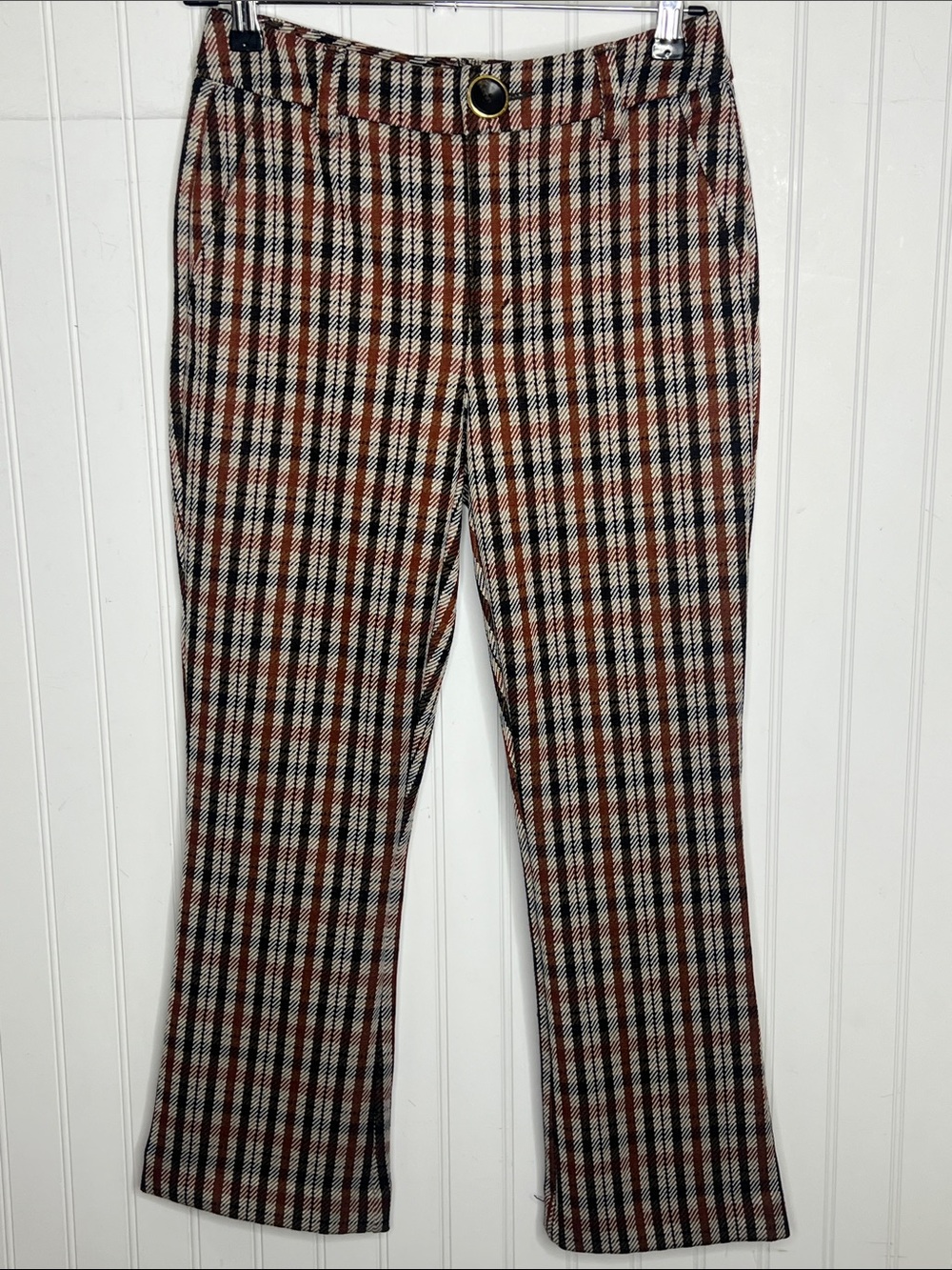 CAbi  Jazzy Kick Flare Plaid Trousers in Brown, Black and Cream Size 2